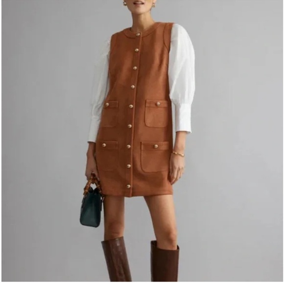 Tuckernuck Cognac Faux Suede Ollie Dress Size Large Like New Gold Snap Buttons - Picture 2 of 4